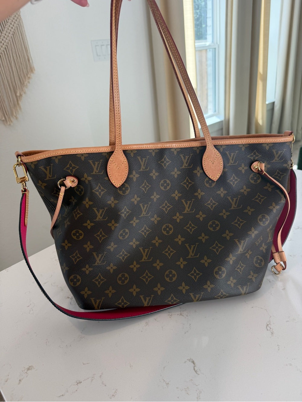 Louis Vuitton Monogram Tote with Brown Canvas and Pink Strap